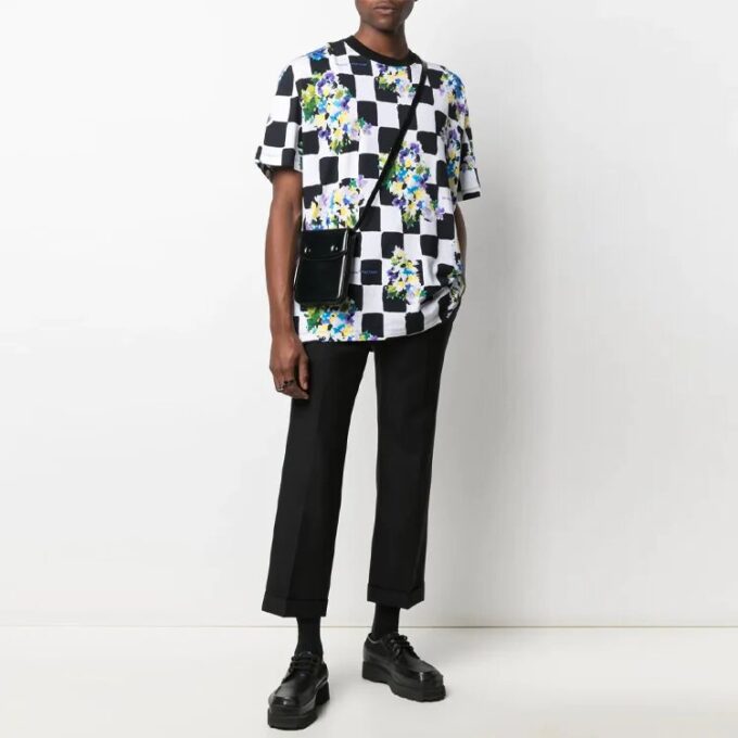 SS21 Flowers Printing Plaid Short Sleeve Loose Fit White