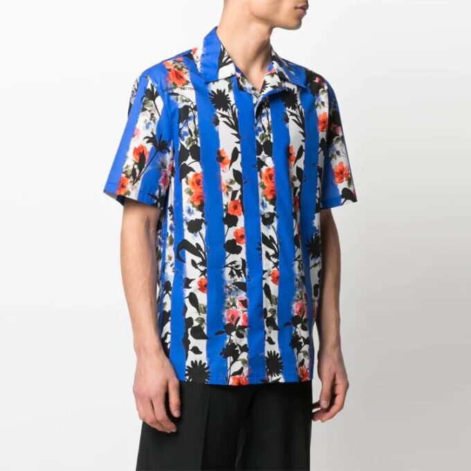 SS21 Flowers Printing Stripe Short Sleeve Shirt Version Blue