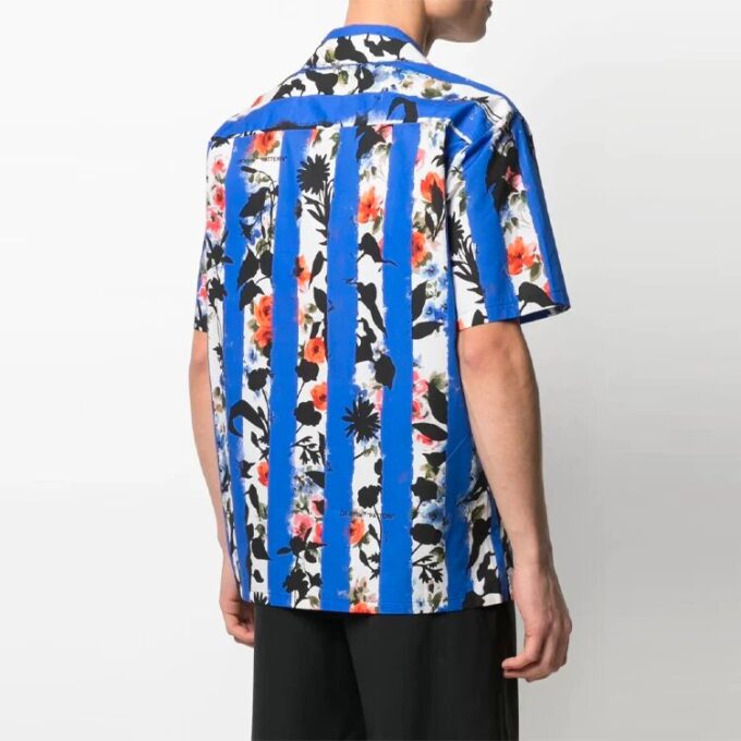 SS21 Flowers Printing Stripe Short Sleeve Shirt Version Blue