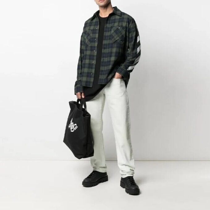 SS21 Stripe Printing Plaid flannel Long Sleeves Shirt Green