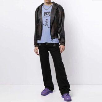 Stripe Detail Zipper Hooded Jacket Loose Fit Unisex Black