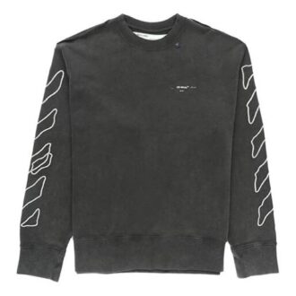 Stripe Logo Embroidered Loose Round Neck Black