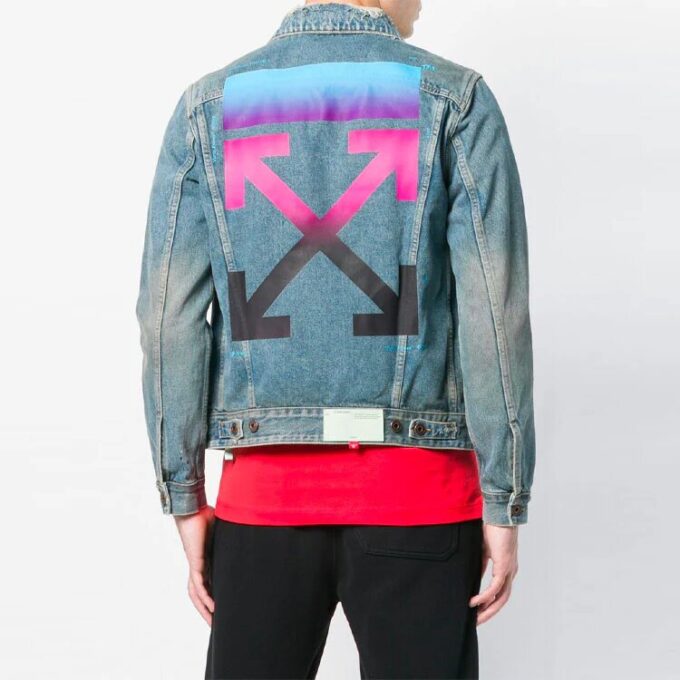 Vintage Printed Gradient Arrow Distress Denim Jacket Blue