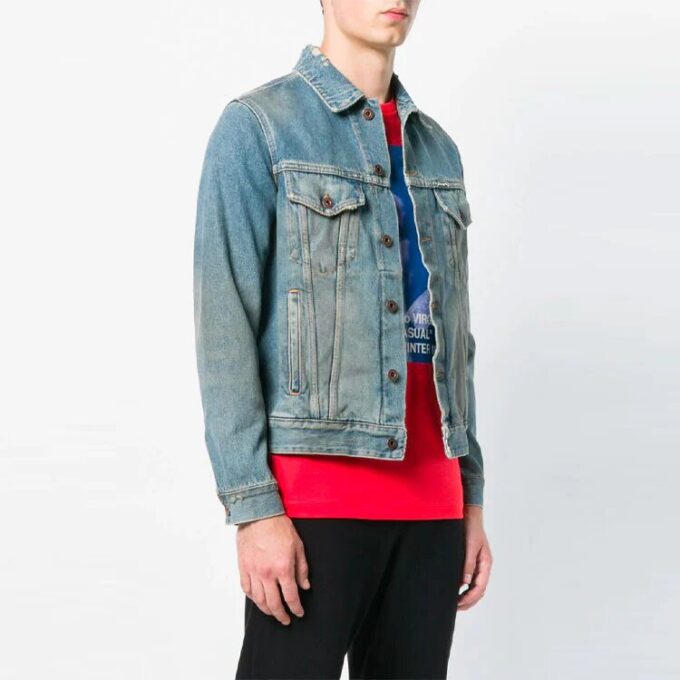 Vintage Printed Gradient Arrow Distress Denim Jacket Blue