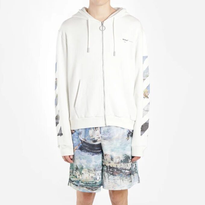 Zipped Up Printed Hooded sweater Men White