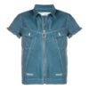 Zipper Denim Short Sleeve Shirt Loose Fit Blue