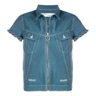 Zipper Denim Short Sleeve Shirt Loose Fit Blue