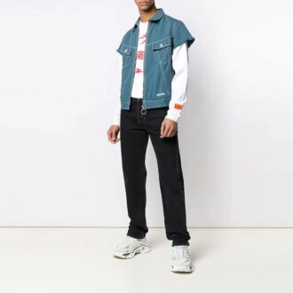 Zipper Denim Short Sleeve Shirt Loose Fit Blue